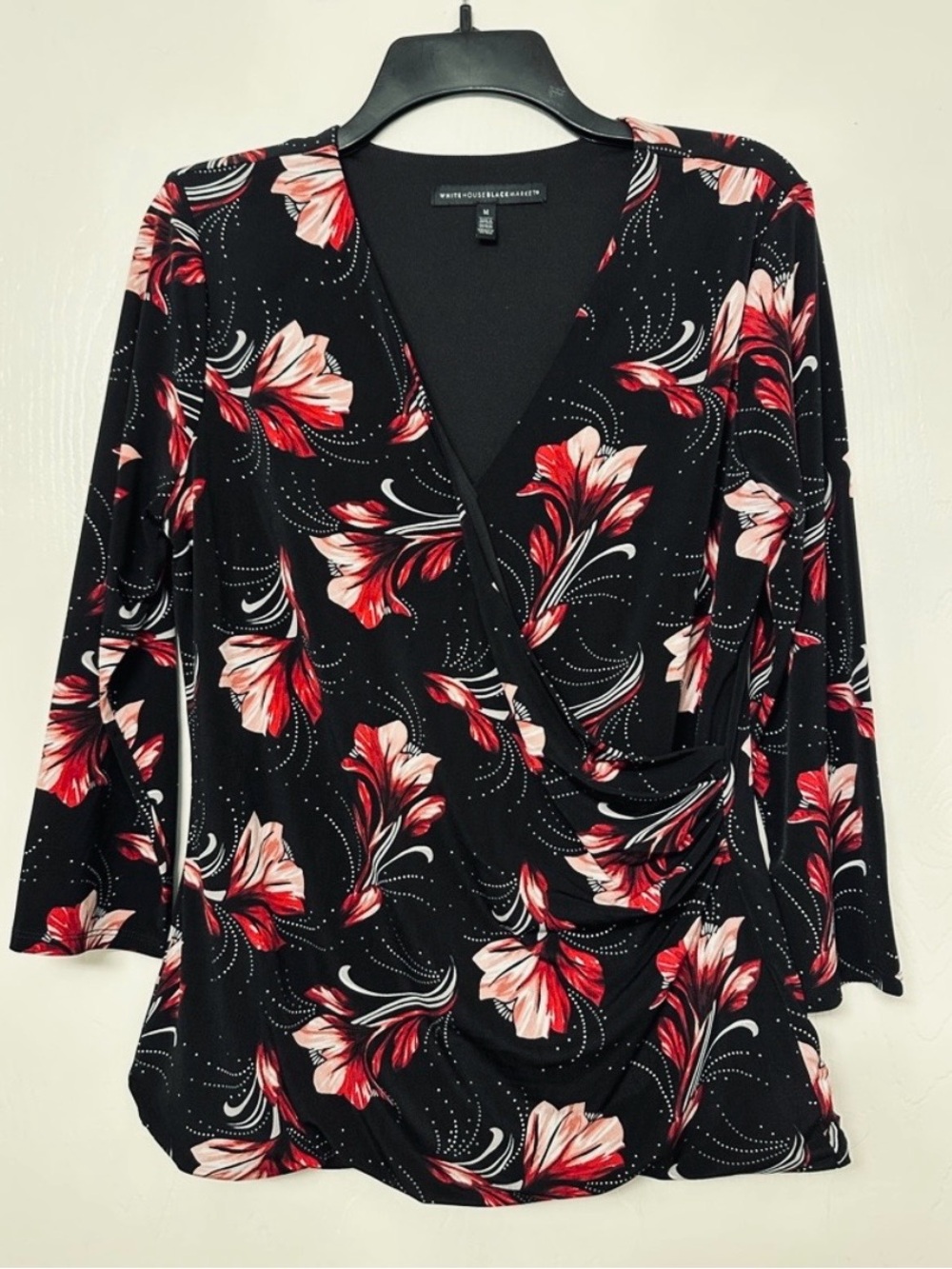White House Black Market Black and Red Floral Blouse Size M